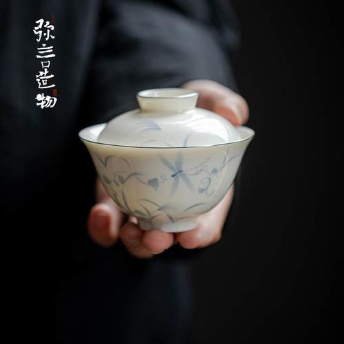 弥言白瓷手绘盖碗描金泡茶碗茶杯手工薄胎玉瓷功夫茶具不烫手青花