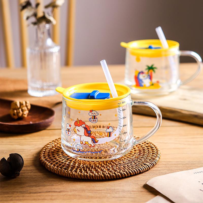 卡通萌趣早餐杯带刻度玻璃杯儿童吸管冲奶家用可爱加厚牛奶杯