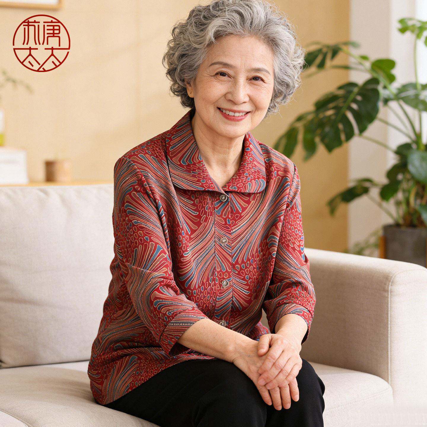 奶奶春装衬衫女中老年人中袖大码套装妈妈翻领老人老太太宽松衣服