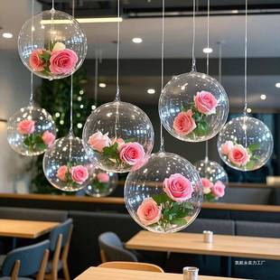粉色七夕情人节玫瑰花波波球创意挂件商场餐厅气球装饰品布置
