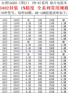 YAGEO国巨 贴片SMD电阻样品本组件册包 0201 0402 0603 0805 1206