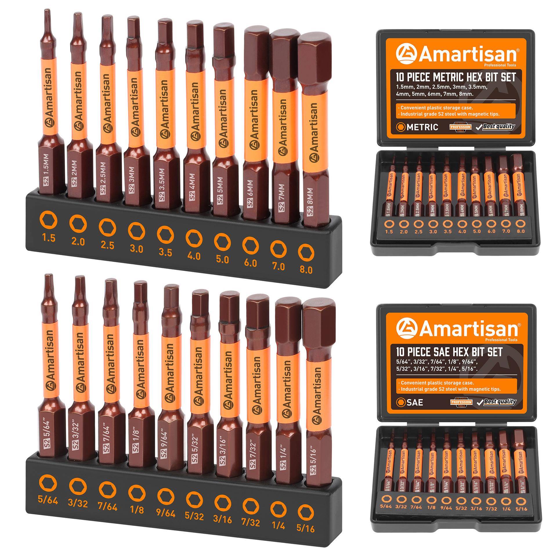 20件套六角头内六角扳手批头组红色公制和英制S2钢制，带塑料盒