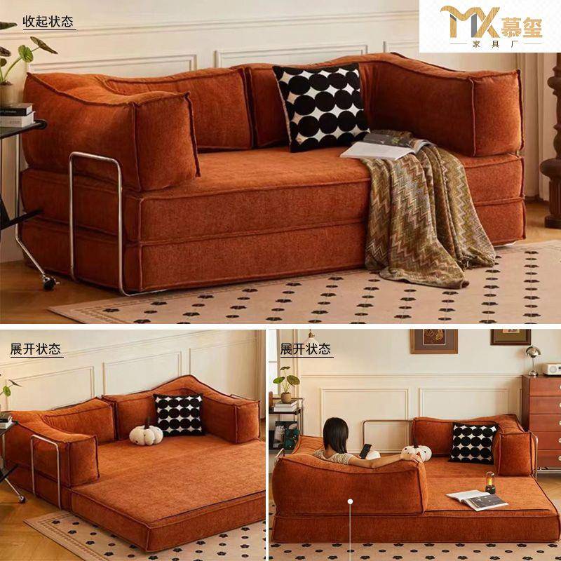 中古风布艺沙发客厅小户型复古模块直排美式双三人折叠两用沙发床