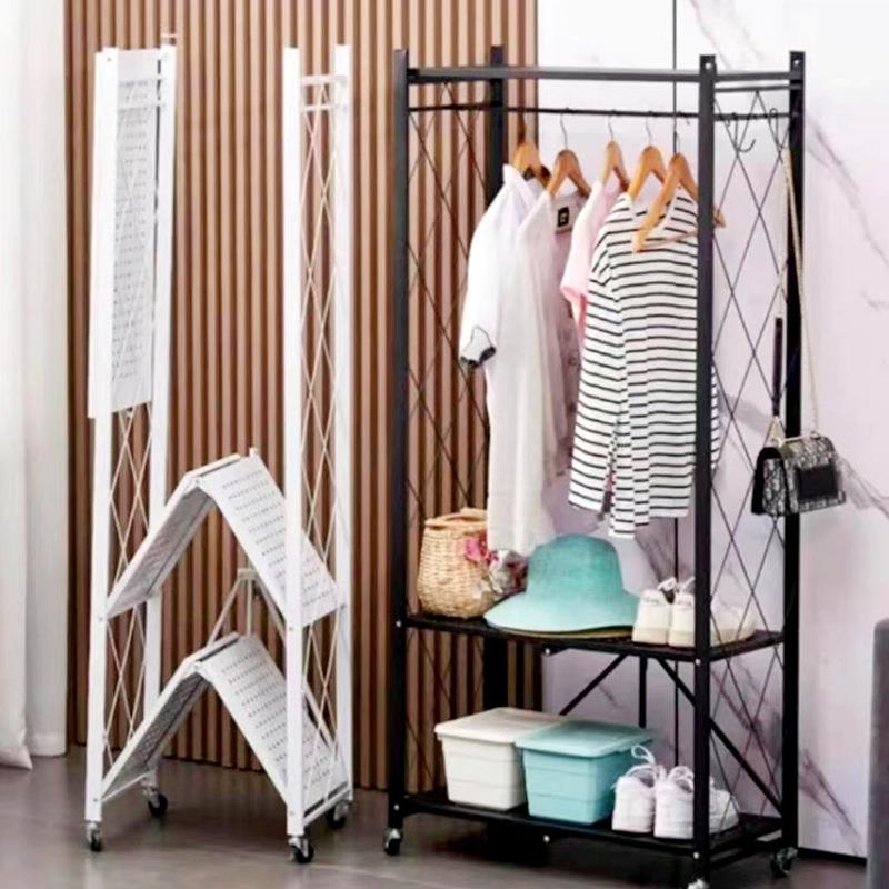 家用置物架落地式碳钢带滚轮可折叠晾衣架单杆两层挂衣架