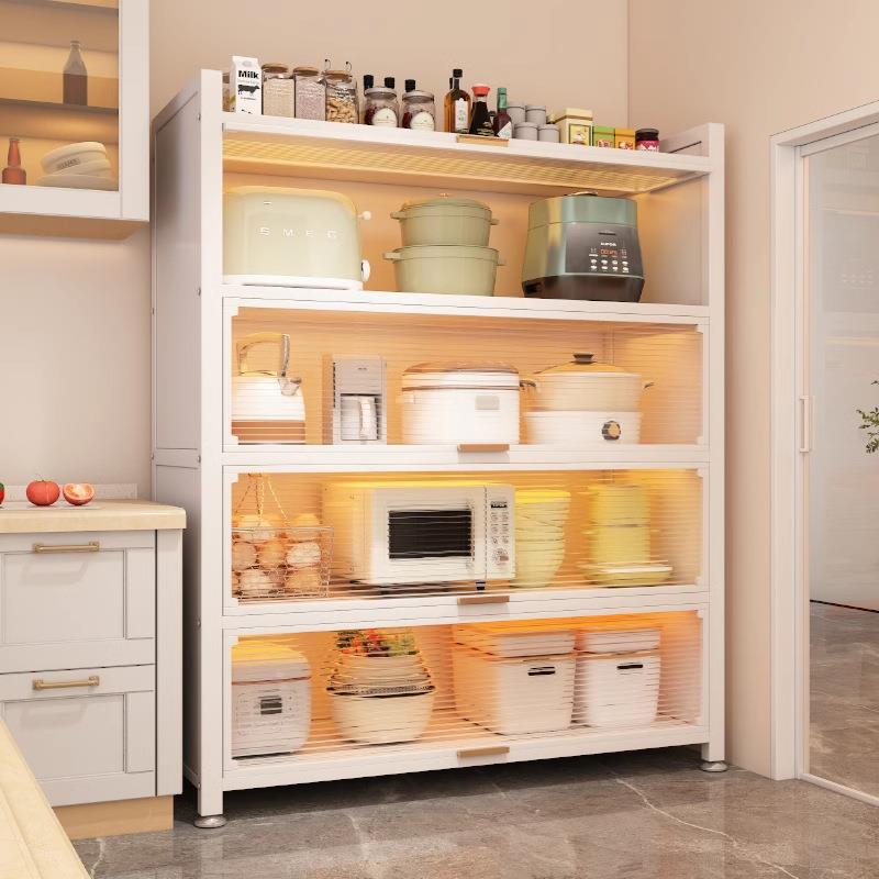 厨房防尘储物柜置物架落地多层带门柜子微波炉烤箱家用碳钢收纳柜