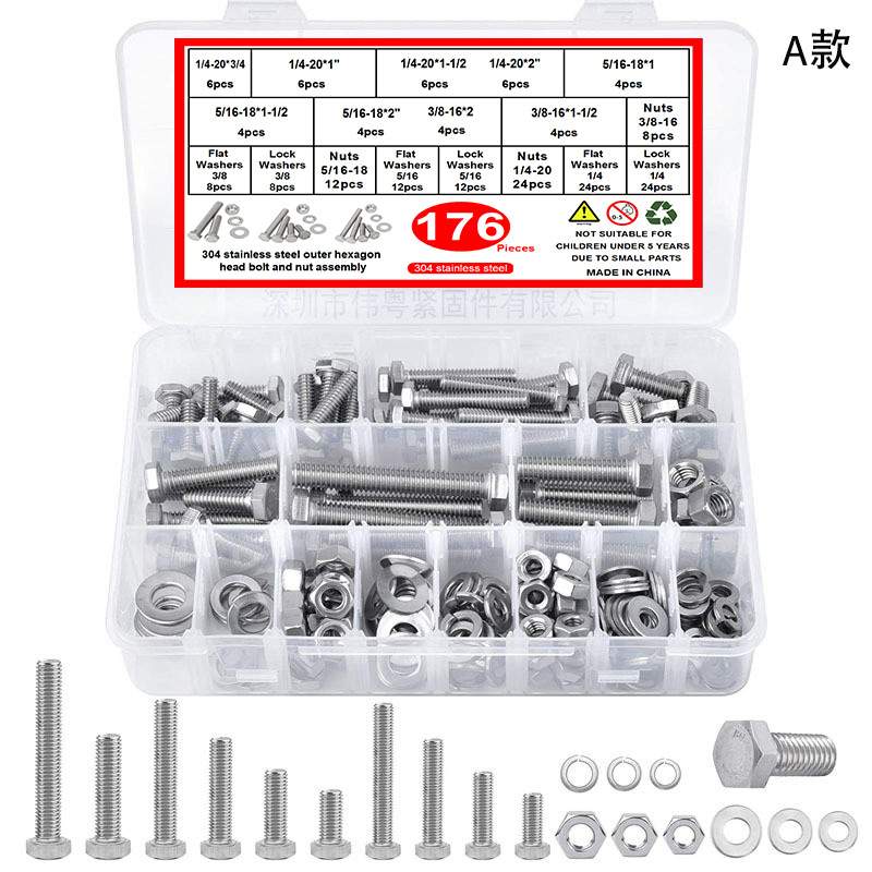 176/212/100/80pcs304美制外六角螺栓盒装1/4-20 5/16-18 3/8-1 6