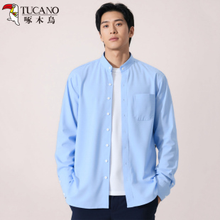 中国风中山装 纯色商务正装 圆领衬衣 男长袖 啄木鸟纯棉中华立领衬衫