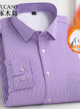 啄木鸟保暖衬衫男紫色条纹长袖衬衣商务休闲男加绒加厚爸爸装大码