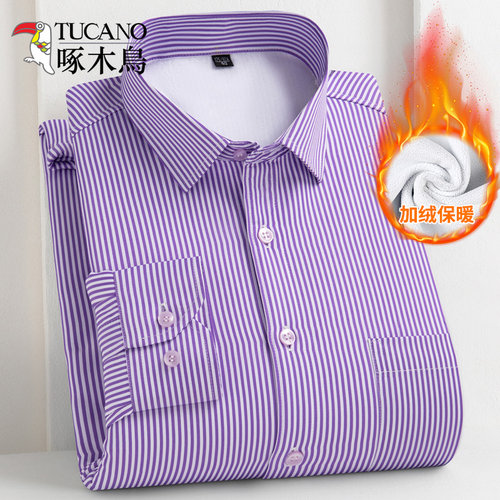 啄木鸟紫色条纹长袖保暖加绒衬衫