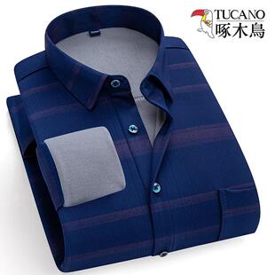 啄木鸟男装男士加绒厚保暖烫金条纹格子长袖衬衫商务休闲印花衬衣