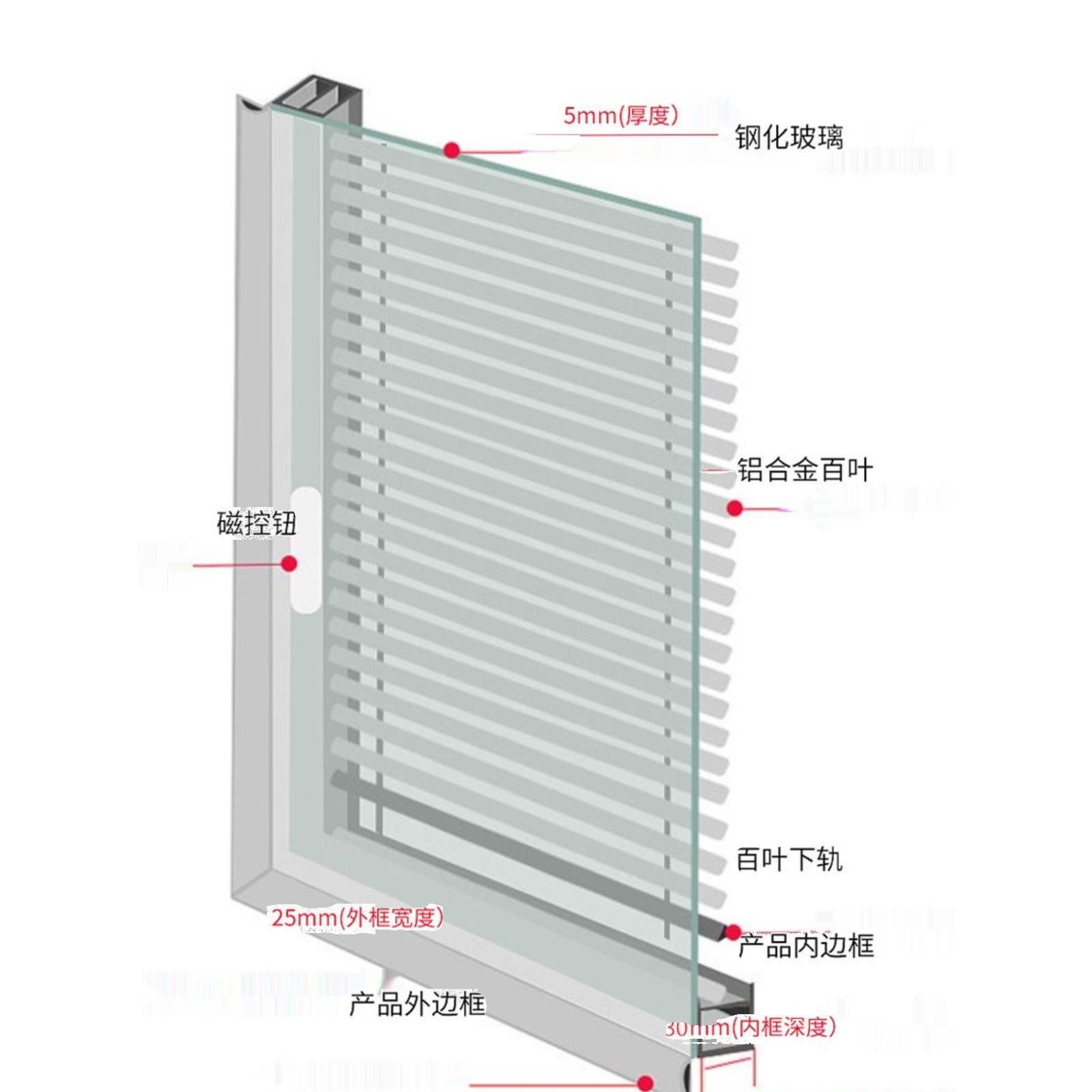 单玻磁控百叶窗帘卫生间内置百叶帘厨房卧室防窥隔断内开磁吸窗帘