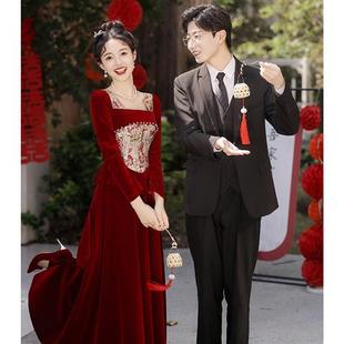 敬酒服新娘2025新款高级感长袖丝绒冬天红色订婚礼裙女回门秋冬季