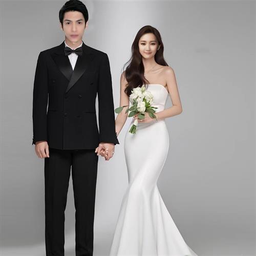 婚纱抹胸鱼尾显瘦缎面拖尾简约韩式高级内景礼服影楼主题情侣服装