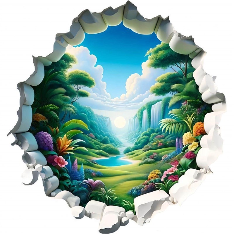 速发爆款破洞视觉唯美风景图案餐厅门窗墙面装饰贴画汽车身防水贴