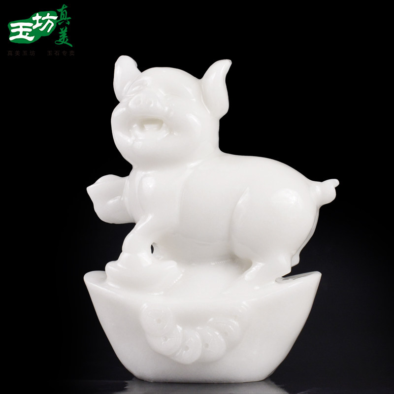 速发纯手工雕刻汉白玉发财猪摆件十二生肖猪办公室客厅招财装饰品