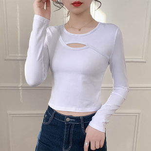 速发白色短小上衣镂空设计感款众高打腰底衫露脐黑色长袖T恤