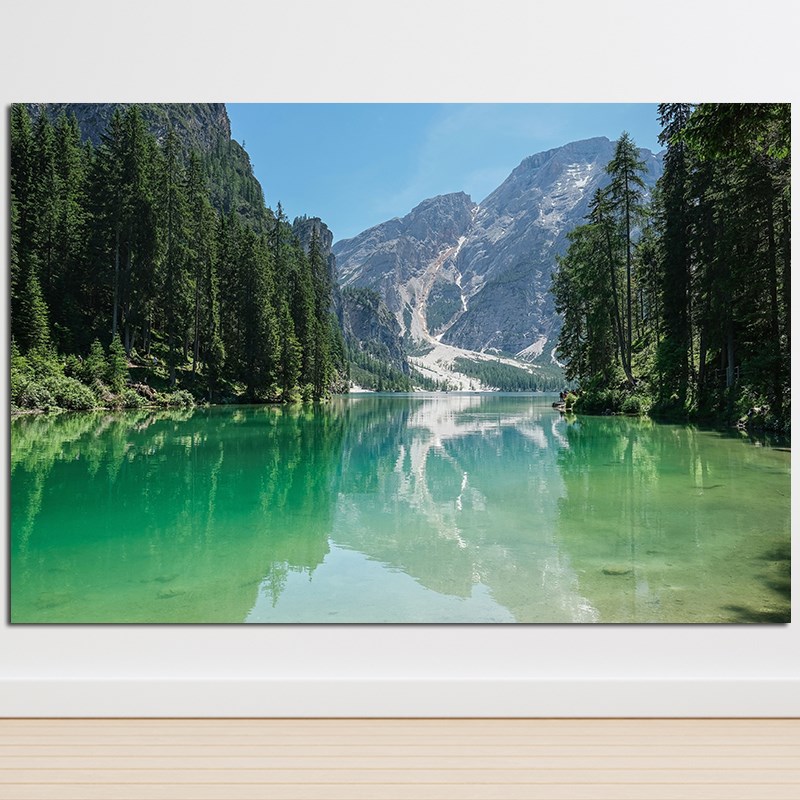 速发高山湖面自然景色图湖家饰水画山峰树林树木海报居泊装山壁画