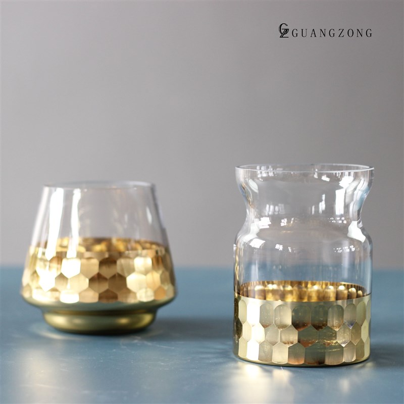 速发简约轻奢金色蜂窝玻璃油灯桌意瓶摆件家装饰品小花创号软装饰