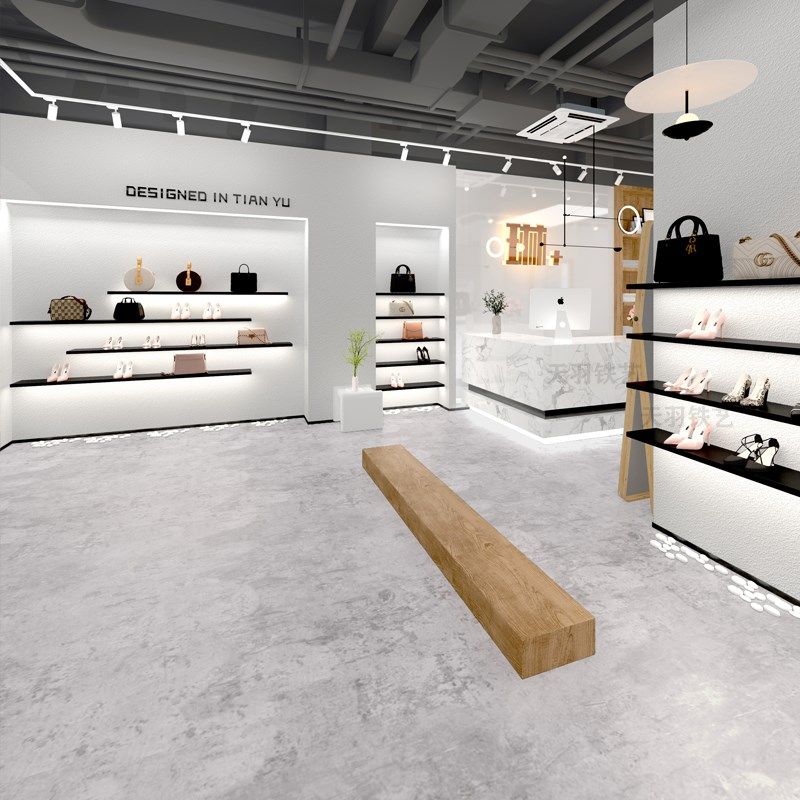 速发新品服装店上墙鞋架展示架黑色松木实木O板陈列鞋架一字板隔