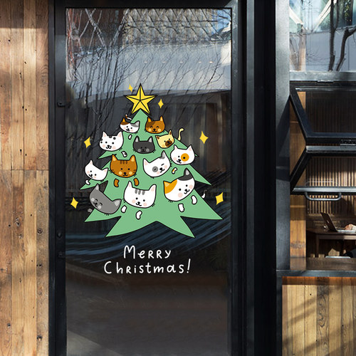 速发喵咪圣诞装饰店铺玻璃圣纸贴诞树布置场景窗花贴纸静电贴