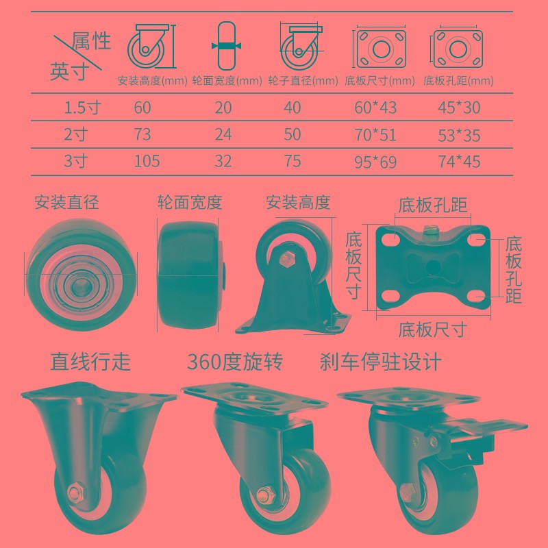 速发??1.5寸向轮轮子2/寸静音小滑轮轱辘重型带刹车家具茶几脚