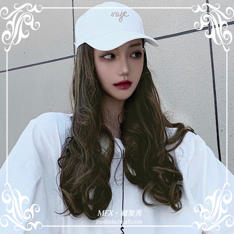 假发帽子一体时尚夏季网红长卷发大波浪白色帽子女自然带头发帽子