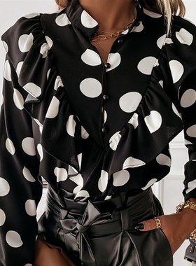 Women New Fashion Elegant V Neck Ruffle Dot Print Long Sleev