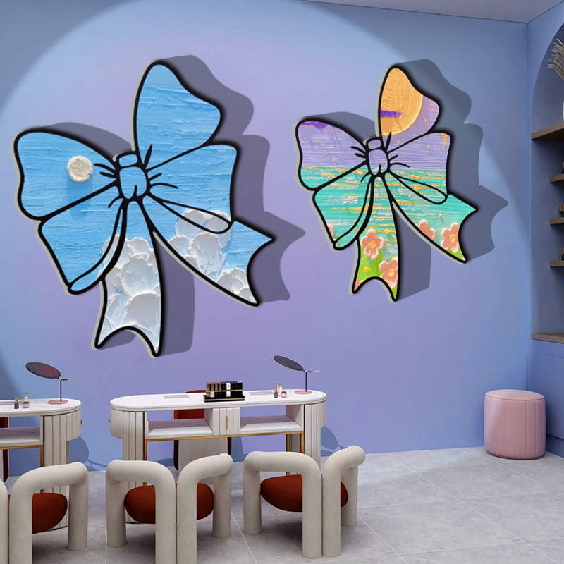 网红美甲店墙面软装饰修摆件睫容院形象背景布置大蝴蝶结贴纸壁画