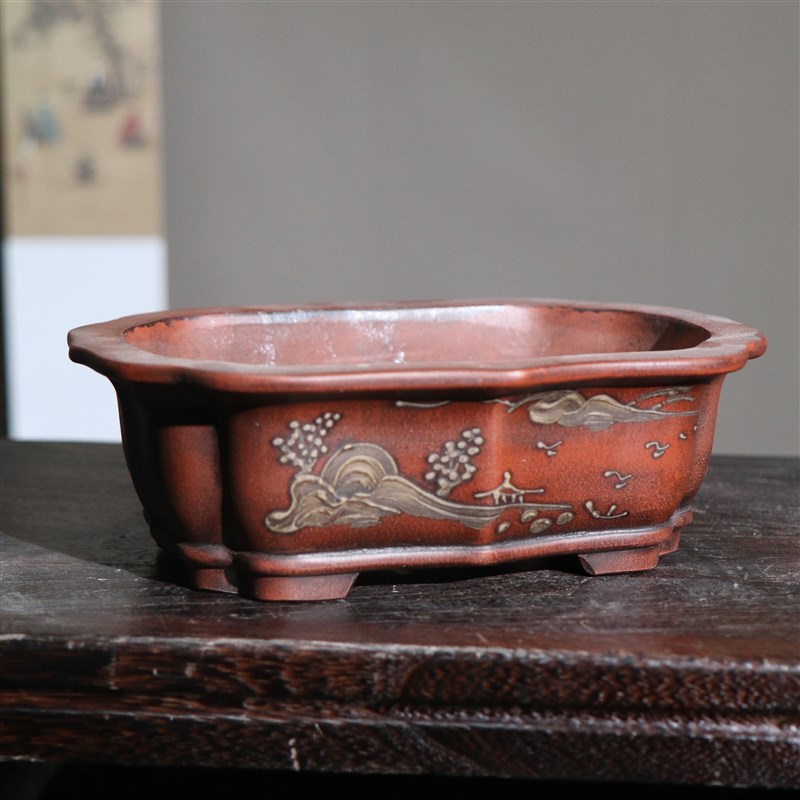 紫砂花盆民国风盆仿老盆仿古盆长方形马槽盆禅意做旧觅陶乡桌面