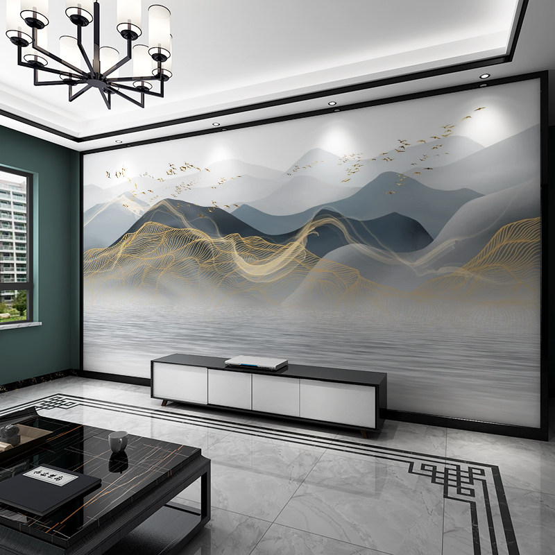 中式水墨线条电视背景墙壁纸8D现代轻奢抽象客厅沙发壁画卧室墙布