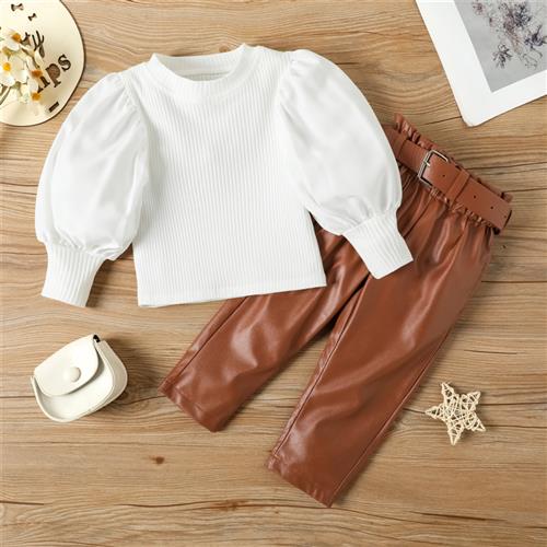 2-6 Years Winter Fall Girls Clothes Set Puff Sleeve T Shirt