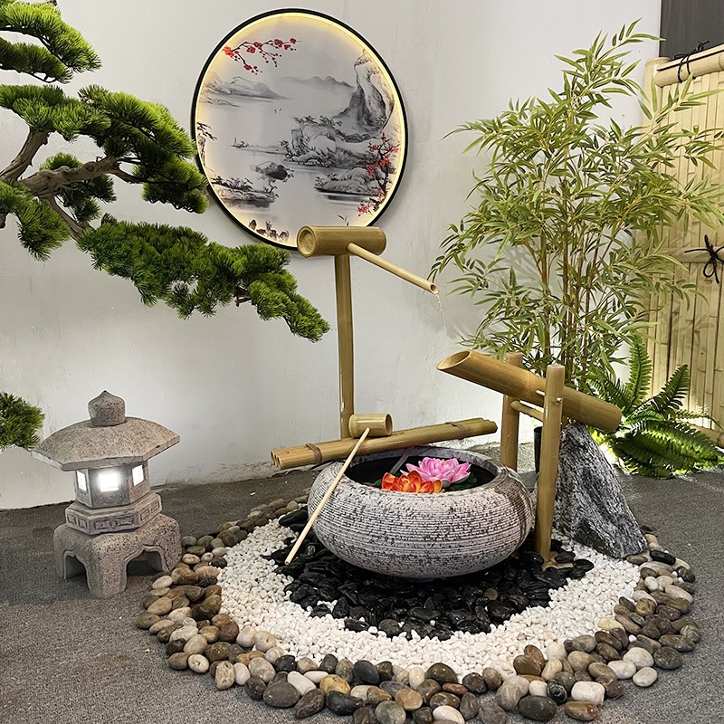 日式庭院石钵流水惊鹿竹子水系户外花园禅意造景水钵枯山水石盆