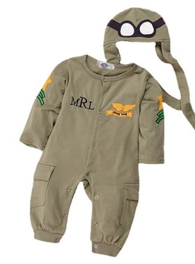 厂家男童航飞员长袖连身衣连帽子军绿色婴儿飞行员哈衣童装