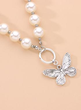 Antique Pearl Chain Necklace With Butterfly Pendant Charms S