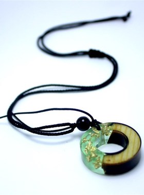 新品necklace wood amber resin vintage round wood necklace