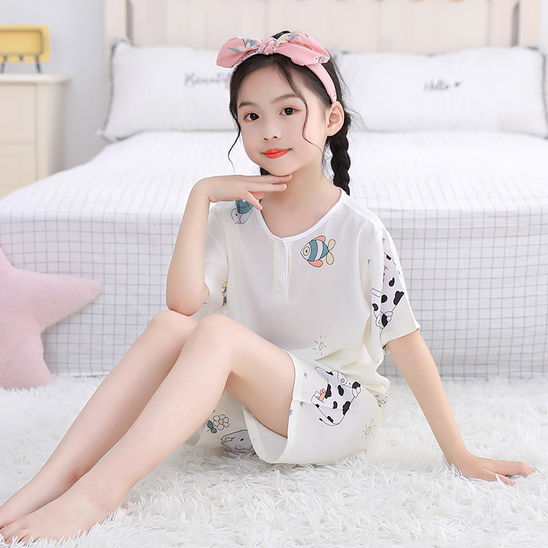 儿童睡衣夏季宝宝女孩短袖短裤夏装薄款棉绸男女童绵绸家居服套装
