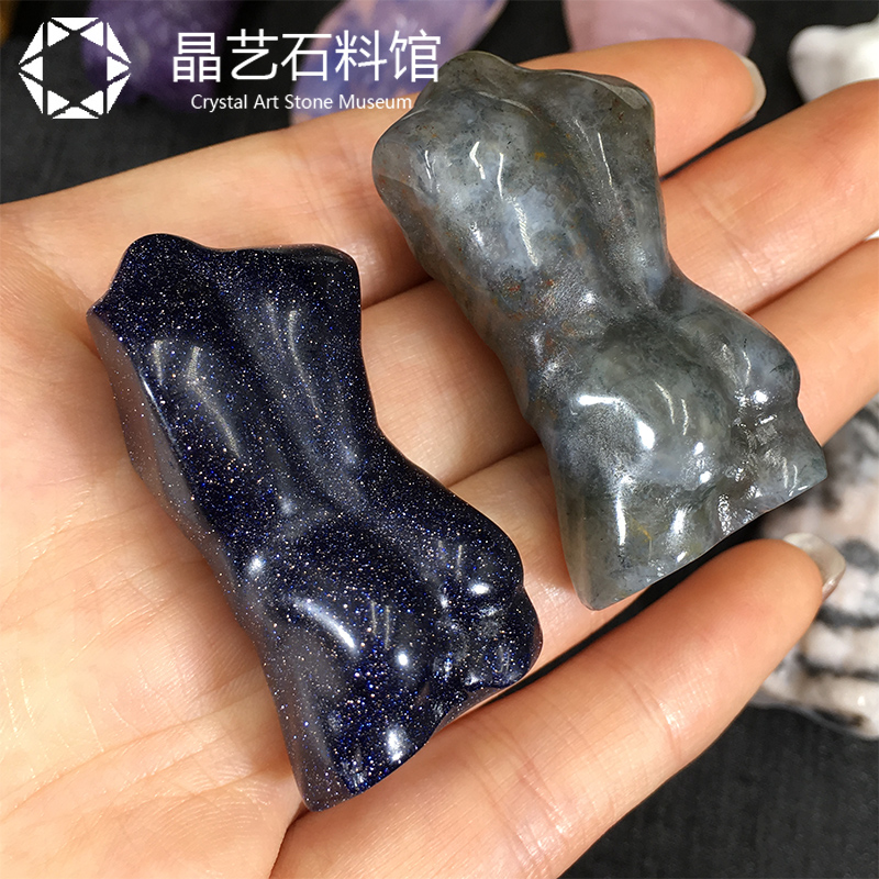 天然水晶原石迷你男模特4cm手工雕刻件粉晶黑曜石黄铁矿石工艺品
