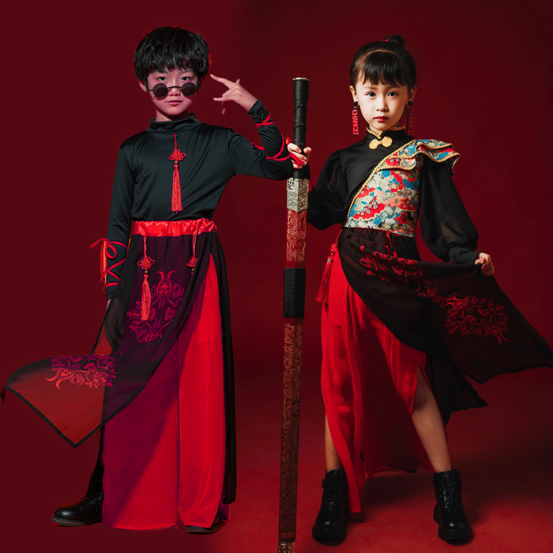 儿童中国风街舞爵士演出服男童复古女童旗袍走秀古典舞古筝表演服