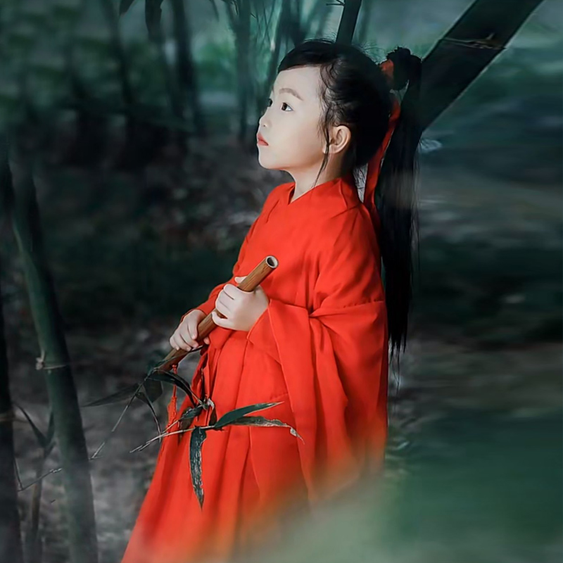 汉服女童魏晋仙侠男童演出秋款交领古筝服装小女孩中国风广袖改良