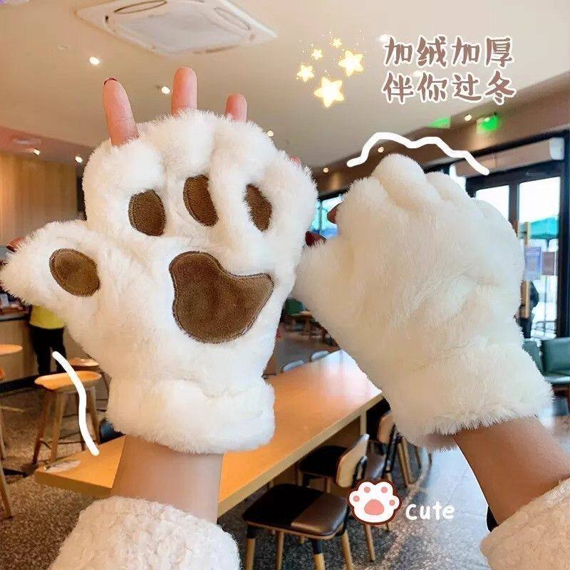 卡通猫爪手套女士冬季韩版可爱女生露指加厚保暖熊掌毛绒冬天卡通