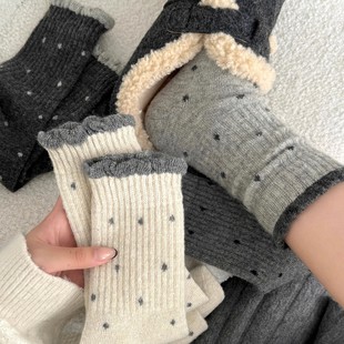 波点袜子女中筒袜秋冬季 冬天堆堆袜 百搭保暖加厚灰色长袜配勃肯鞋