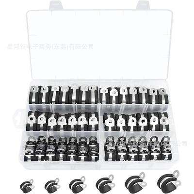 适配跨境106PCS盒装304不锈钢连胶条卡箍管夹R型骑马卡电线电缆固