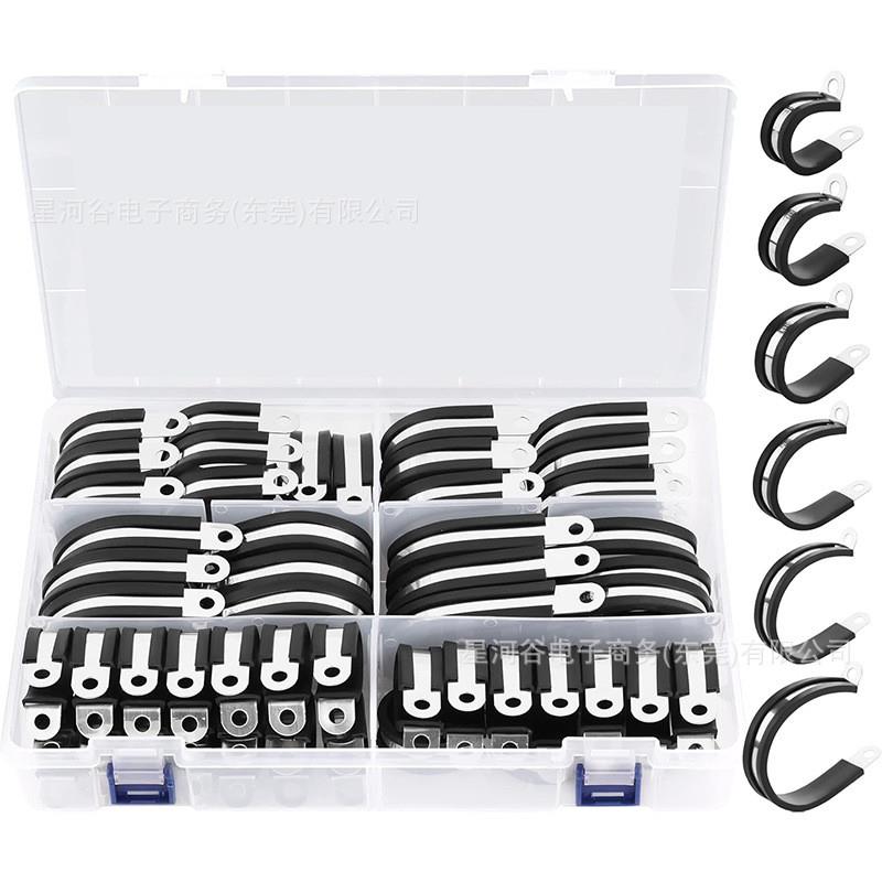 适配跨境52PCS盒装304不锈钢/连胶条卡箍管夹R型骑马卡电缆电线固