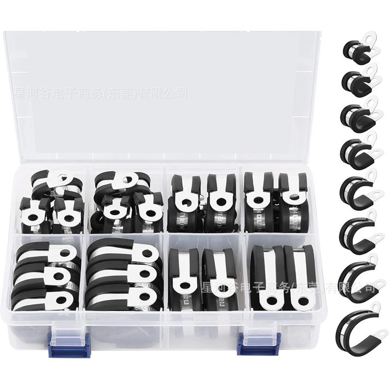 适配跨境60PCS盒装304不锈钢/连胶条卡箍管夹R型骑马卡电线电缆固