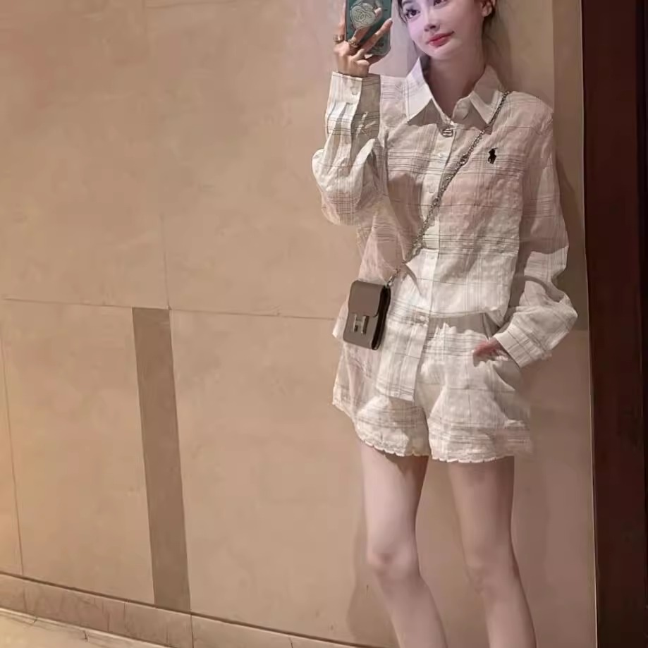 韩系休闲格子衬衫防晒上衣套装