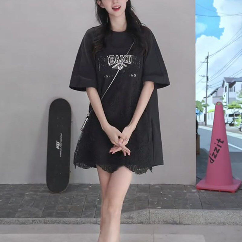 现货设计感小众蕾丝假两件T恤裙夏季韩版印花短袖宽松A字版连衣裙