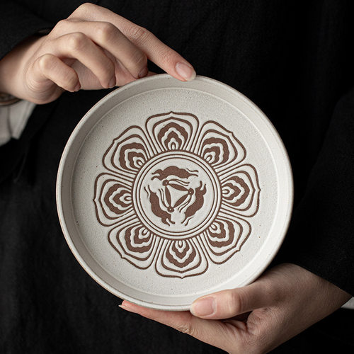 敦煌三耳兔莲纹壶承 陶瓷干泡盘茶具干泡台 茶壶茶杯托盘养壶垫