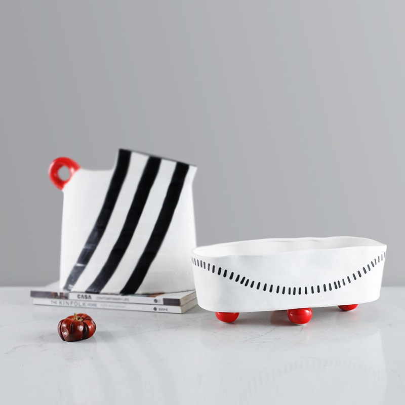 创意树脂花瓶黑白条纹摆件样板房家居客厅餐桌插花器软装饰品摆设