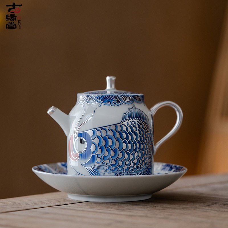 古缘唐 文创鎏银锦鲤茶壶陶瓷家用功夫过滤泡茶器单壶高档茶具