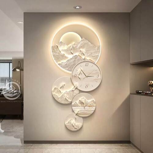 轻奢玄关装饰画九鱼图入户走廊过道高档挂画带钟表现代山水壁灯画
